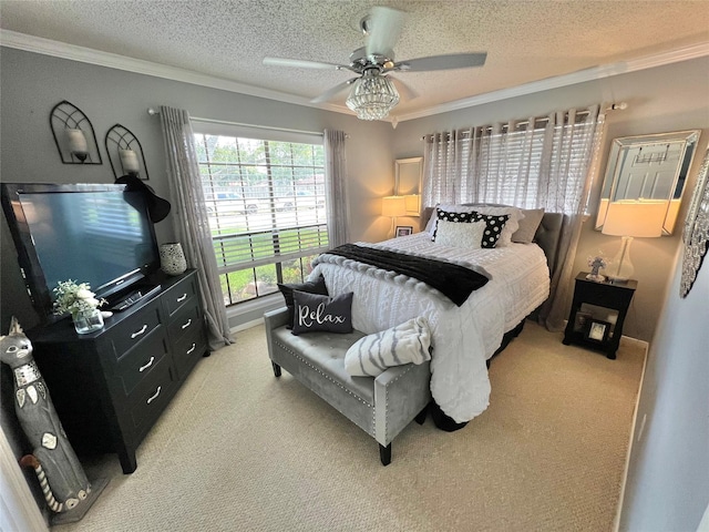 728 S Remington Dr, Angleton, TX 77515 - bedroom with crown molding, light colored carpet, a textured ceiling, and a ceiling fan