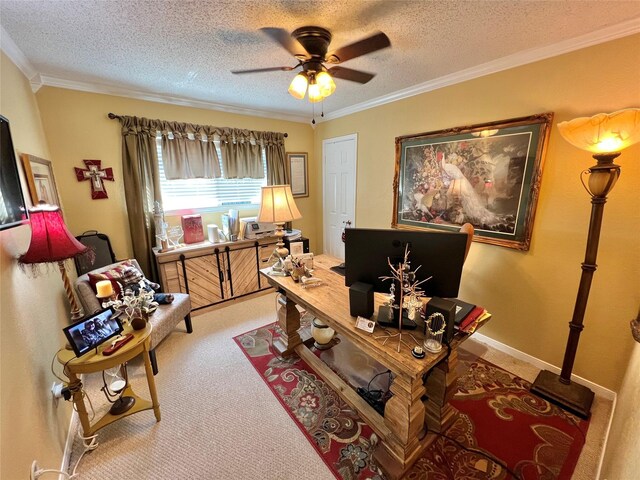 728 S Remington Dr, Angleton, TX 77515 - home office featuring ornamental molding, carpet flooring, a textured ceiling, and a ceiling fan