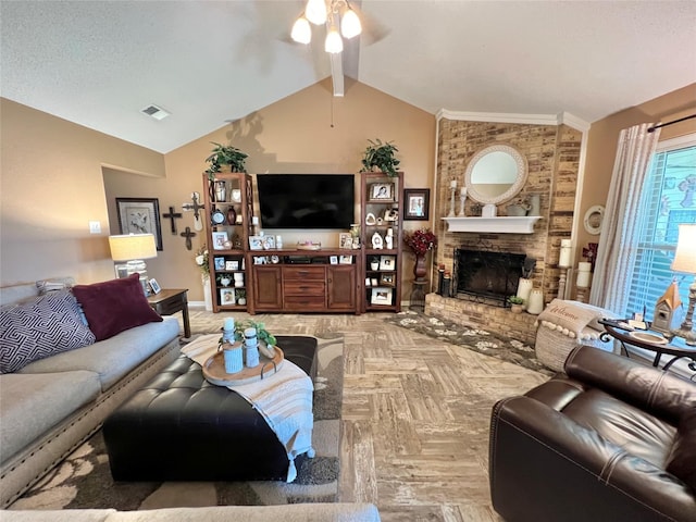 728 S Remington Dr, Angleton, TX 77515 - living room featuring vaulted ceiling, a ceiling fan, a brick fireplace, and baseboards