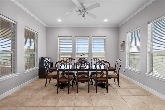 7014 Terrasso Dr, Hitchcock, TX 77563 - dining room with ornamental molding, light tile patterned floors, a ceiling fan, baseboards, and recessed lighting