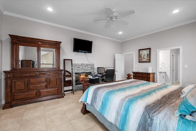 7014 Terrasso Dr, Hitchcock, TX 77563 - bedroom with ornamental molding, recessed lighting, a fireplace, light tile patterned floors, and ceiling fan