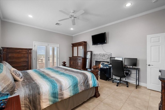 7014 Terrasso Dr, Hitchcock, TX 77563 - bedroom featuring access to outside, light tile patterned floors, a desk, ornamental molding, and baseboards