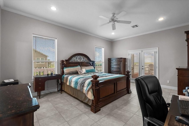 7014 Terrasso Dr, Hitchcock, TX 77563 - bedroom featuring multiple windows, access to exterior, crown molding, recessed lighting, and light tile patterned floors