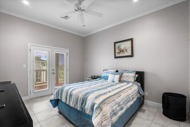 7014 Terrasso Dr, Hitchcock, TX 77563 - bedroom with access to exterior, light tile patterned floors, crown molding, baseboards, and ceiling fan