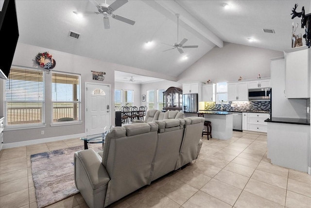 7014 Terrasso Dr, Hitchcock, TX 77563 - living room featuring ceiling fan, light tile patterned floors, beam ceiling, high vaulted ceiling, and baseboards