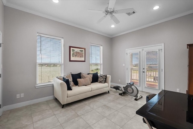7014 Terrasso Dr, Hitchcock, TX 77563 - living room featuring crown molding, a ceiling fan, french doors, recessed lighting, and baseboards