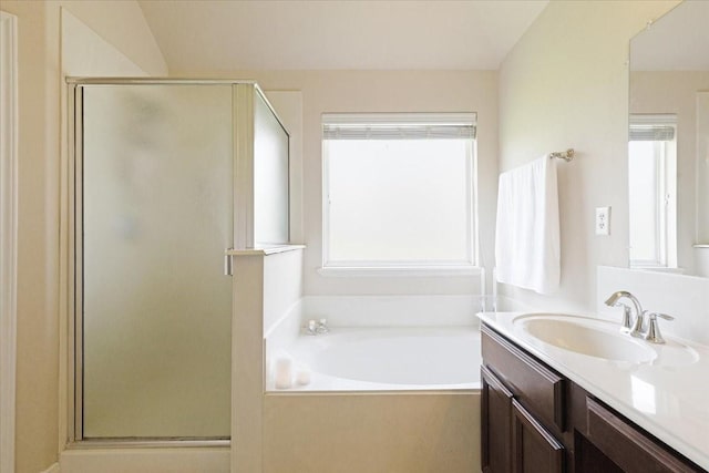 3502 Barrington Ct, Pearland, TX 77584 - bathroom featuring a shower stall, vanity, and a garden tub