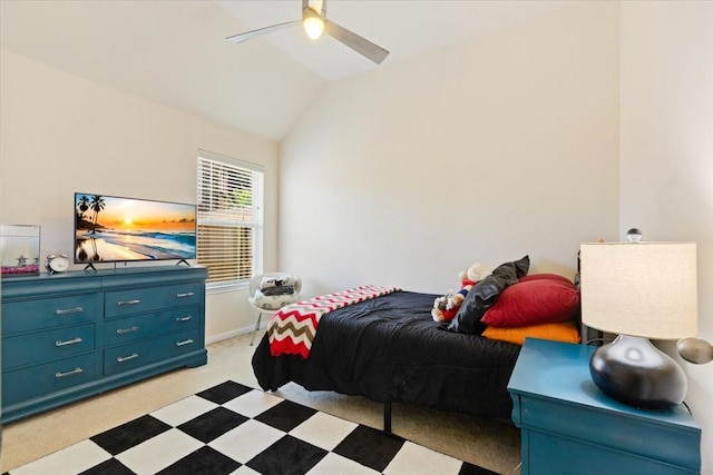 3502 Barrington Ct, Pearland, TX 77584 - bedroom with lofted ceiling, ceiling fan, and light carpet