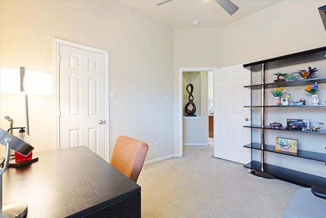 3502 Barrington Ct, Pearland, TX 77584 - office area with light colored carpet, a ceiling fan, and baseboards