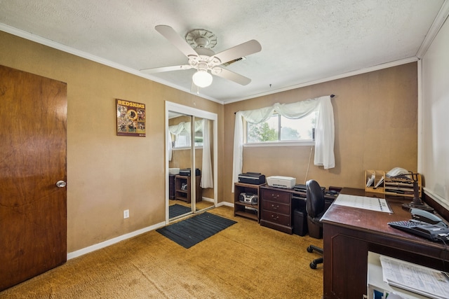 16219 Dundee Rd, Cypress, TX 77429 - office space with crown molding, a ceiling fan, light colored carpet, a textured ceiling, and baseboards