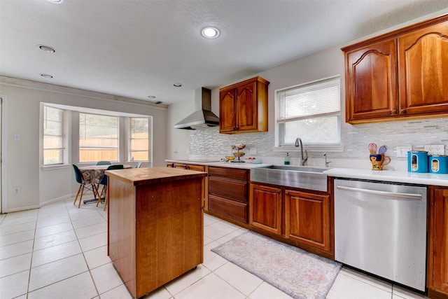 5638 Long Creek Ln, Houston, TX 77088 - kitchen with dishwasher, wall chimney exhaust hood, a sink, backsplash, and a kitchen island
