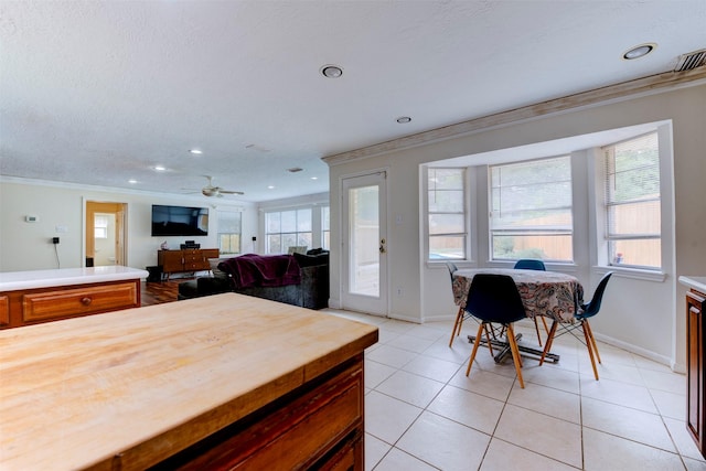 5638 Long Creek Ln, Houston, TX 77088 - kitchen featuring ornamental molding, baseboards, light tile patterned flooring, recessed lighting, and ceiling fan