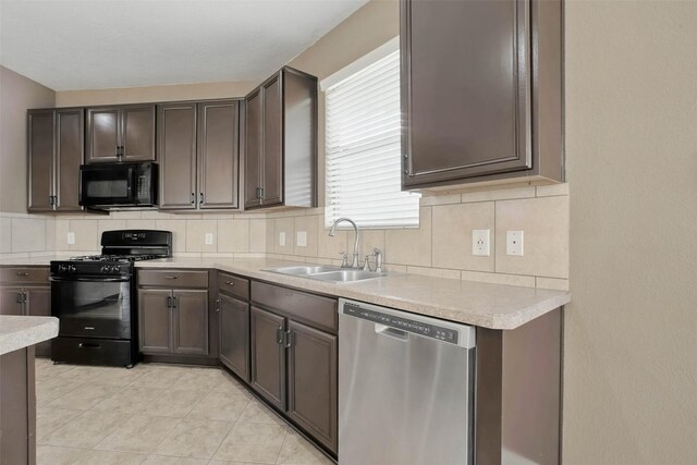 11707 Newel Elm St, Houston, TX 77038 - kitchen featuring black appliances, a sink, light countertops, decorative backsplash, and dark brown cabinetry