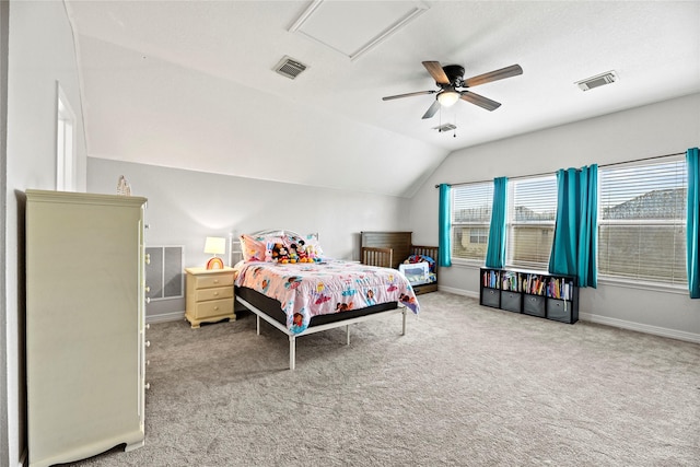 20918 Field Manor Ln, Katy, TX 77450 - bedroom with vaulted ceiling, baseboards, carpet flooring, and ceiling fan