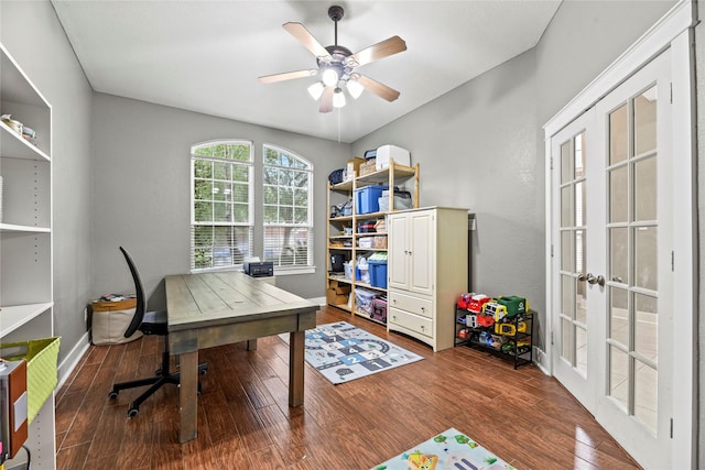 20918 Field Manor Ln, Katy, TX 77450 - home office with dark wood-type flooring, ceiling fan, french doors, and baseboards