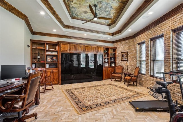 535 Creekside Dr, Salado, TX 76571 - office area featuring a ceiling fan, brick wall, a tray ceiling, ornamental molding, and recessed lighting