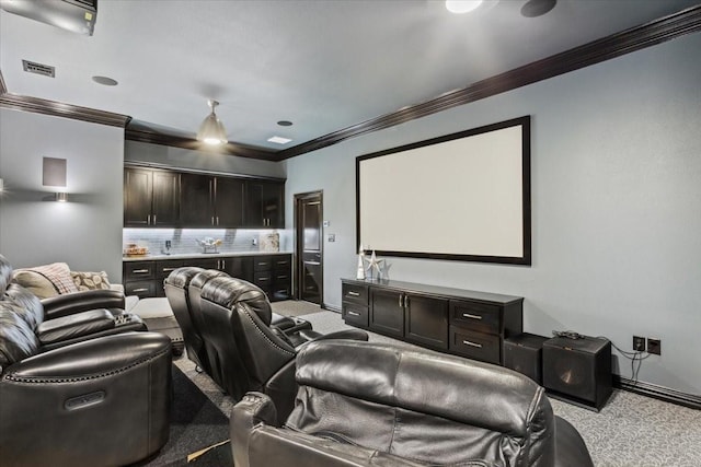 535 Creekside Dr, Salado, TX 76571 - carpeted cinema room featuring ornamental molding and baseboards