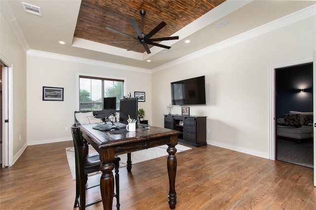 535 Creekside Dr, Salado, TX 76571 - dining space with a raised ceiling, wood ceiling, ceiling fan, wood finished floors, and baseboards