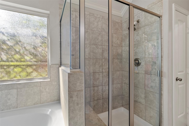 8992 S Comanche Cir, Willis, TX 77378 - full bathroom featuring a stall shower, crown molding, and a bath