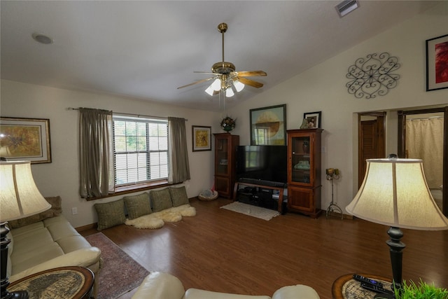 4746 County Road 502d, Sweeny, TX 77480 - living room featuring wood finished floors, vaulted ceiling, ceiling fan, and baseboards