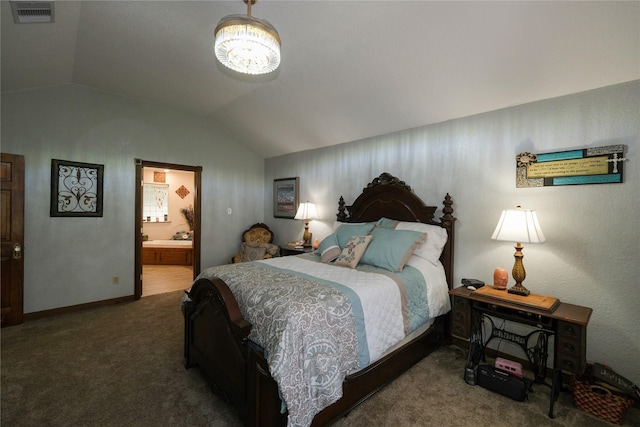 4746 County Road 502d, Sweeny, TX 77480 - bedroom with vaulted ceiling, carpet flooring, a chandelier, ensuite bath, and baseboards