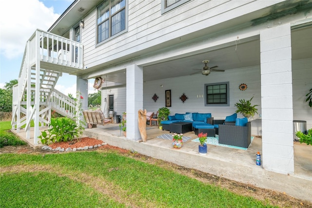 4746 County Road 502d, Sweeny, TX 77480 - view of patio / terrace with an outdoor hangout area, stairs, and a ceiling fan