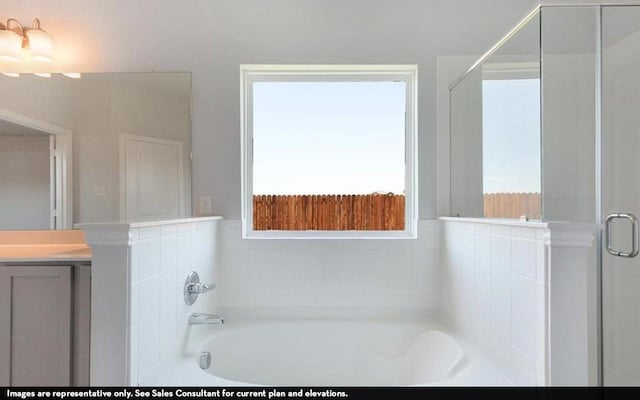 3523 Prairie Rose Trl, Angleton, TX 77515 - bathroom with vanity, a garden tub, and a stall shower