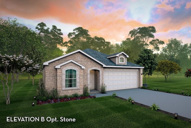 3523 Prairie Rose Trl, Angleton, TX 77515 - view of front of house with a garage, stone siding, a lawn, and driveway