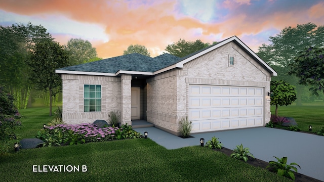 3527 Prairie Rose Trl, Angleton, TX 77515 - ranch-style house featuring brick siding, an attached garage, a front lawn, concrete driveway, and roof with shingles