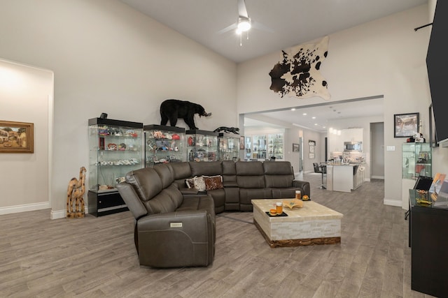 9314 Brunel Ln, Houston, TX 77044 - living area with light wood finished floors, a ceiling fan, and a towering ceiling