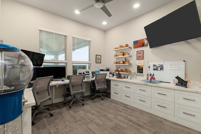 9314 Brunel Ln, Houston, TX 77044 - office area featuring ceiling fan, light wood-style floors, and recessed lighting