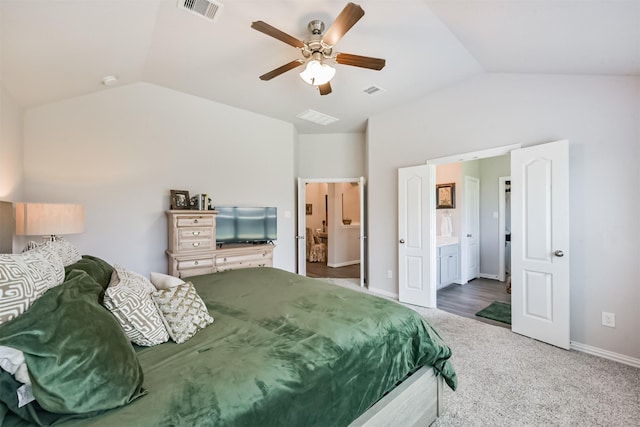 5307 Cascade Ct, Alvin, TX 77511 - bedroom featuring lofted ceiling, carpet flooring, baseboards, ensuite bath, and ceiling fan
