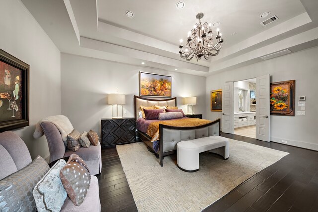 507 Terrace Dr, Houston, TX 77007 - bedroom with a raised ceiling, a chandelier, dark wood-type flooring, recessed lighting, and baseboards