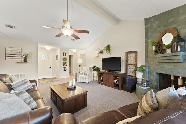 22410 Millgate Dr, Spring, TX 77373 - carpeted living room with a ceiling fan and a fireplace