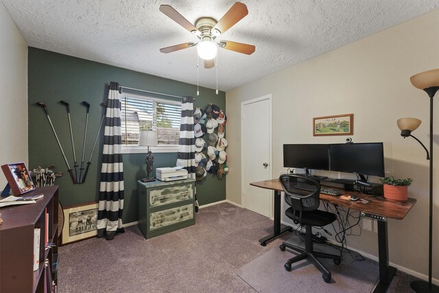 22410 Millgate Dr, Spring, TX 77373 - carpeted office with ceiling fan, a textured ceiling, and baseboards
