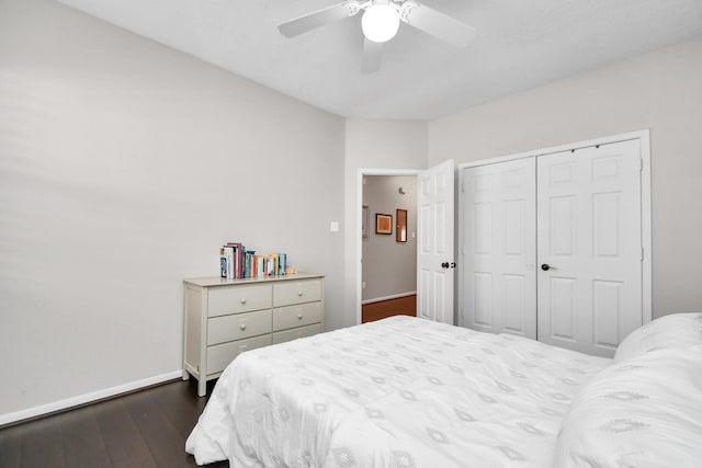 9510 Willowbridge Park Blvd, Houston, TX 77064 - bedroom with baseboards, dark wood-style flooring, a closet, and ceiling fan
