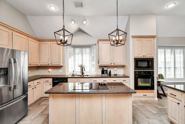 9510 Willowbridge Park Blvd, Houston, TX 77064 - kitchen featuring black appliances, a chandelier, light brown cabinetry, vaulted ceiling, and recessed lighting