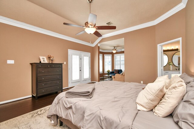 9510 Willowbridge Park Blvd, Houston, TX 77064 - bedroom featuring ornamental molding, dark wood-style floors, baseboards, access to outside, and a ceiling fan