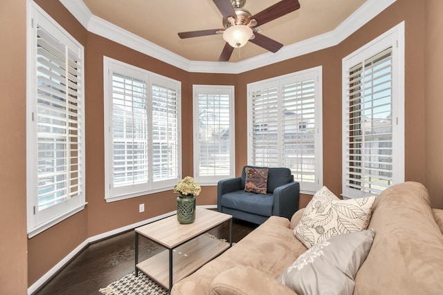 9510 Willowbridge Park Blvd, Houston, TX 77064 - living room featuring wood finished floors, ceiling fan, ornamental molding, and baseboards