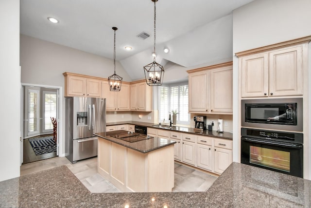 9510 Willowbridge Park Blvd, Houston, TX 77064 - kitchen with black appliances, a chandelier, lofted ceiling, dark stone countertops, and light brown cabinets
