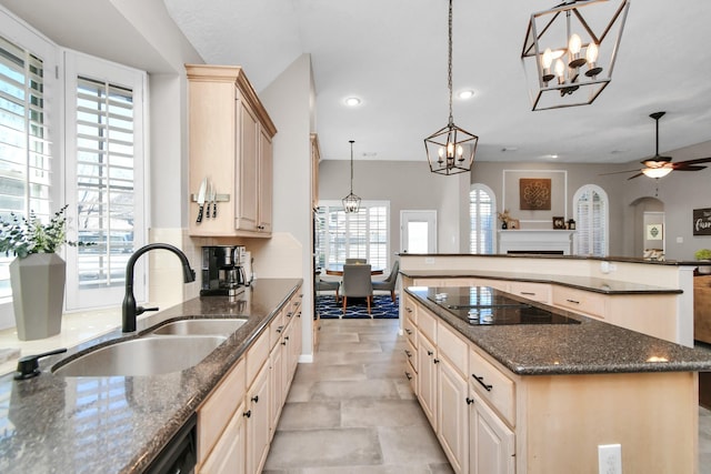 9510 Willowbridge Park Blvd, Houston, TX 77064 - kitchen featuring black electric cooktop, a kitchen island, a sink, a ceiling fan, and recessed lighting