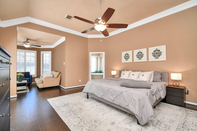 9510 Willowbridge Park Blvd, Houston, TX 77064 - bedroom with dark wood-type flooring, crown molding, baseboards, and ceiling fan