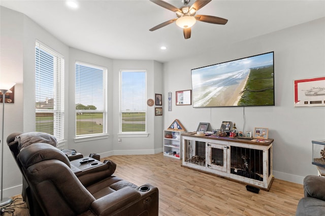 18327 Cypress Hill Dr, Rosharon, TX 77583 - living area with ceiling fan, wood finished floors, baseboards, and recessed lighting