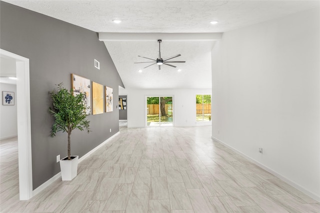 10530 Tenneco Dr, Houston, TX 77099 - unfurnished living room featuring a ceiling fan, beamed ceiling, high vaulted ceiling, and baseboards