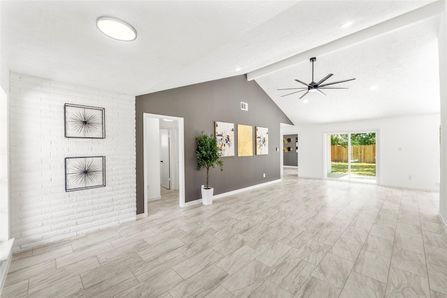 10530 Tenneco Dr, Houston, TX 77099 - unfurnished living room featuring ceiling fan, a brick fireplace, beamed ceiling, baseboards, and high vaulted ceiling