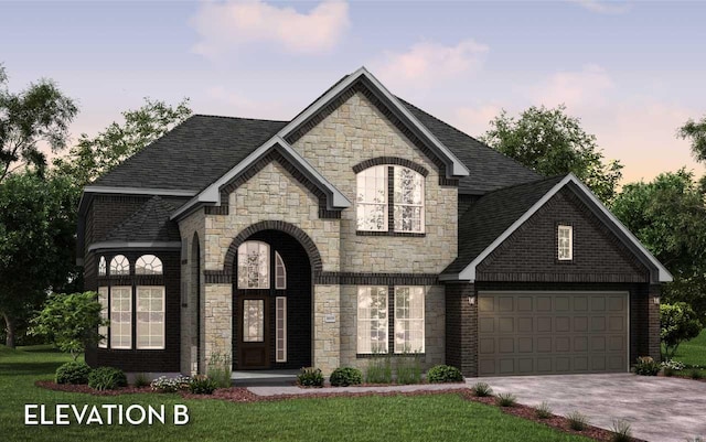 804 Wormwood Dr, League City, TX 77573 - view of front of home featuring stone siding, driveway, a garage, a shingled roof, and a front yard