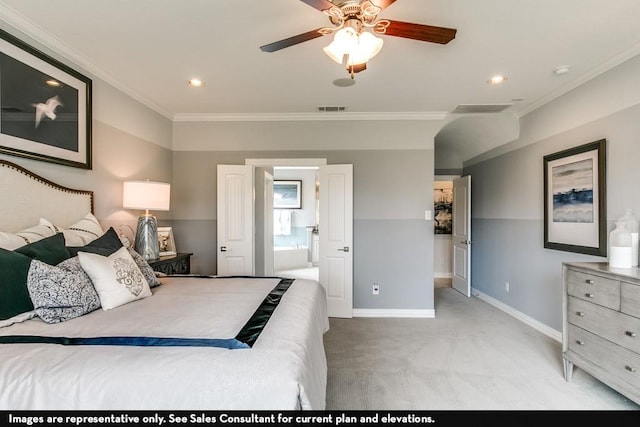 804 Wormwood Dr, League City, TX 77573 - bedroom with crown molding, baseboards, carpet flooring, recessed lighting, and ensuite bath
