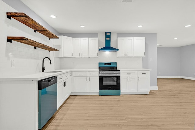 4306 Knotty Oaks Trl, Houston, TX 77045 - kitchen with electric range, wall chimney range hood, dishwasher, open shelves, and a sink