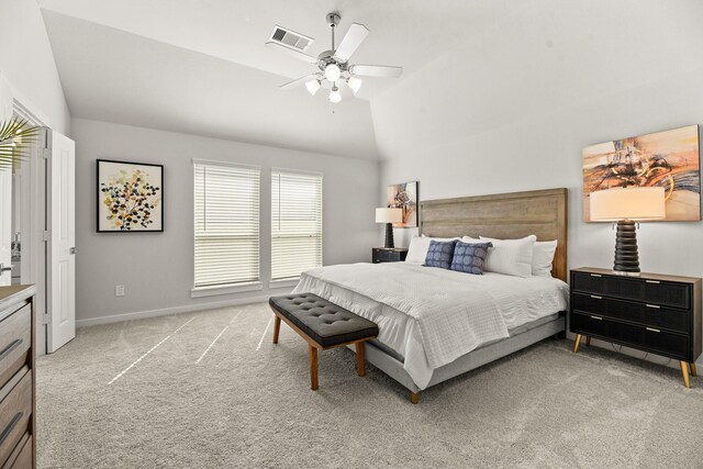 104 Dina Ln, Montgomery, TX 77356 - bedroom with light colored carpet, a ceiling fan, baseboards, and high vaulted ceiling