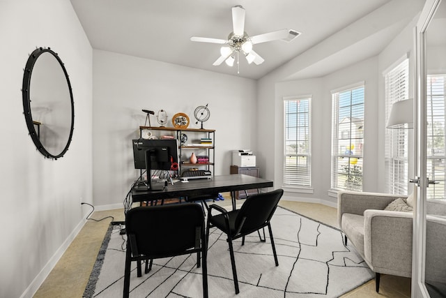 104 Dina Ln, Montgomery, TX 77356 - office area featuring baseboards, light carpet, and a ceiling fan